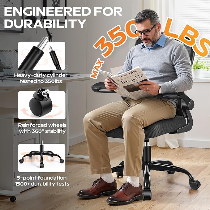 Ergonomic Office Chair 2026 - Mesh Desk Chair with Flip-up Armrests, Adjustable Height and Lumbar, 360° Swivel Comfortable Computer Chairs for Home, Conference Room, Reception, 350lbs, 2 Pack