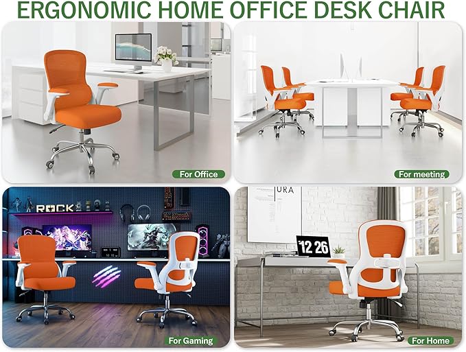 Office Chair Ergonomic Desk Chair Comfy: 400LBS Mesh Computer Chair Ergonomic Gaming Chairs with Wheels Adjustable Lumbar Support and Flip up Armrest-Swivel Executive Chairs Long Hours(Orange)