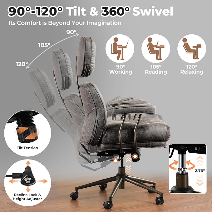 ovios Ergonomic Office Chair, High Back Faux Leather Executive Chairs with Thick Cushion, Comfy Mid-Century Modern Swivel Rolling Computer Armchair (Dark Grey, Suede Leather)