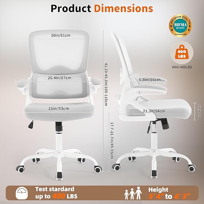 Ergonomic Office Chair,Mesh Office Chair with Lumbar Support,Mid Back Desk Chair with Flip-up Arms,400 lbs Comfy Computer Chair for Home Office (Light Grey)