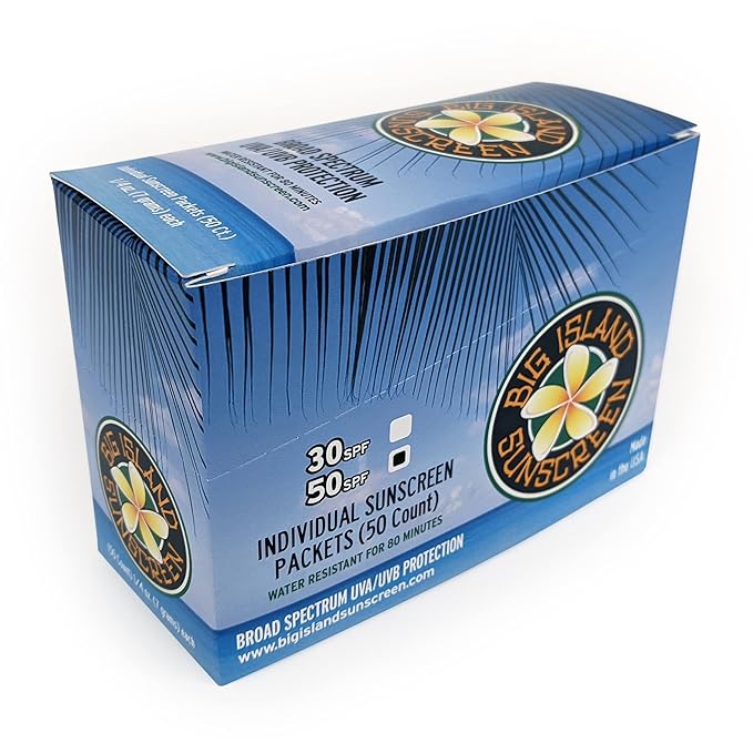 Big Island Sunscreen Single Use Sunscreen Lotion Packets - SPF 50 | Oil Free & Paraben Free | Coral Reef Friendly (Octinoxate & Oxybenzone Free) | 0.25 oz Individually Wrapped Packets (Box of 50)