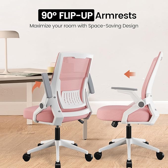 GTPOFFICE Ergonomic Office Chair, Computer Desk Chair Comfy with Adjustable Lumbar Support, Mid-Back Mesh Office Chair with Flip-up Armrest, Tilt Function Task Chair for Home, Bedroom, Gaming, Pink
