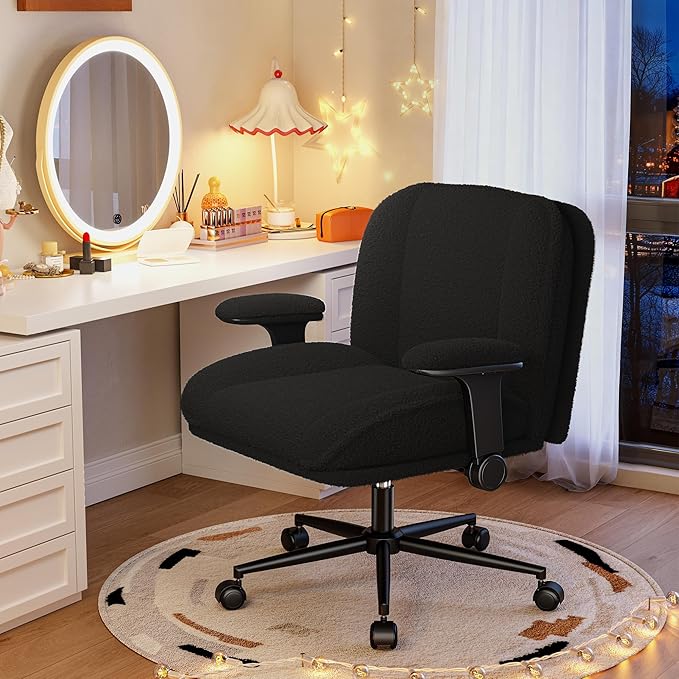 Desk Chair with Arms, Wide Ergonomic Office Chair with Thickened Seat Cushion, Cross Legged Office Chair for Home Office, Bedroom, Study Room, Plush Fabric, Black