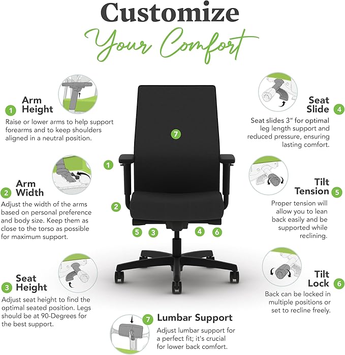 HON Ignition 2.0 Mid Back Task Chair, Advanced Synchro-Tilt Control, Office Chair with Lumbar Support, Height and Width Adjustable Arms, Black Frame, Black