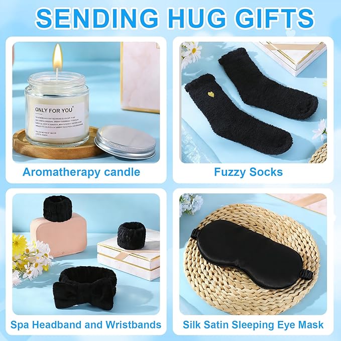 15 Pcs Birthday Gifts for Women Robe Sets for Women Spa Basket Set Graduation Gifts Bath Robe Make up Brushes Scented Candle Fluffy Socks Coffee Cup for Mom Nurse Girlfriend Wife(Black)