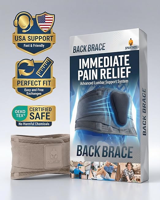 Sparthos Back Support Belt - Immediate Relief from Lower Back Pain, Sciatica, Herniated Disc - Breathable Brace With Lumbar Pad - For Men & Women - Fits 31–38″ Waist (Taupe-Small, Check Sizing)