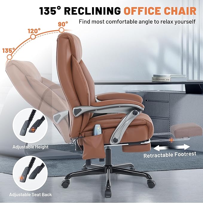 Massage Office Chair with Heating Function & Footrest, 6-Point Vibration, Ergonomic Executive Reclining Desk Chair with Padded Seat for Relaxation, Comfort & Stress Relief