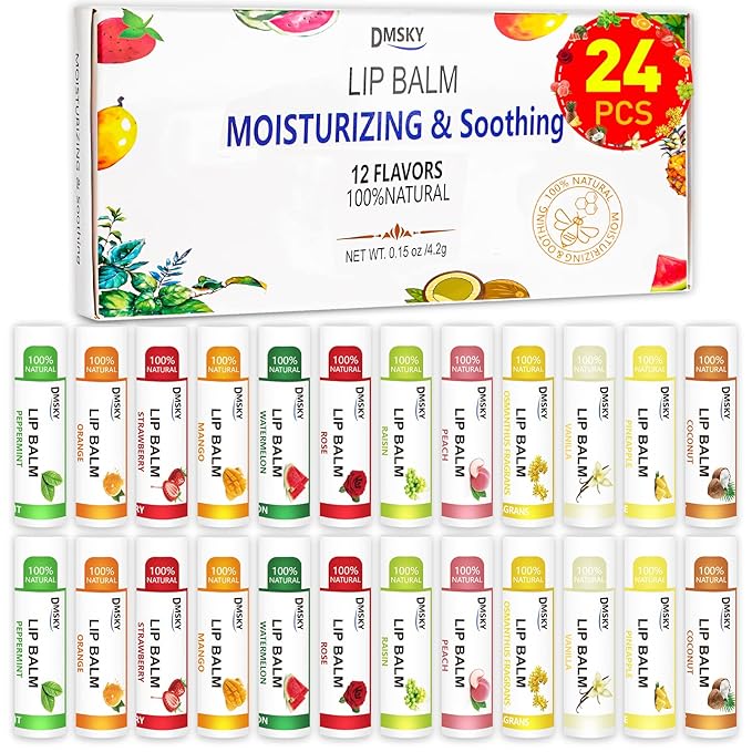 DMSKY 24 Pack Lip Balm, Natural Moisturizing Lip Balm Bulk with Vitamin E and Coconut Oil for Chapped Lips, 12 Flavors