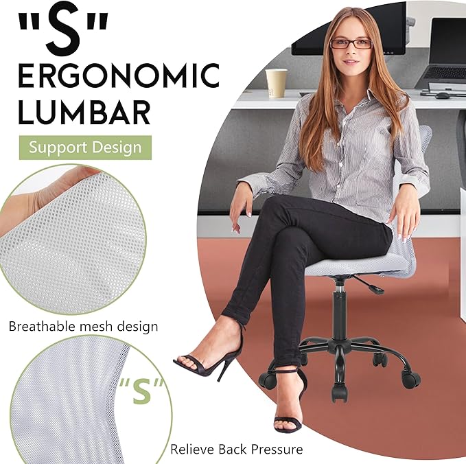 BestOffice Ergonomic Office Chair Desk Chair Mesh Computer Chair Armless Back Support Modern Executive Rolling Swivel Chair with Lumbar Support (White)