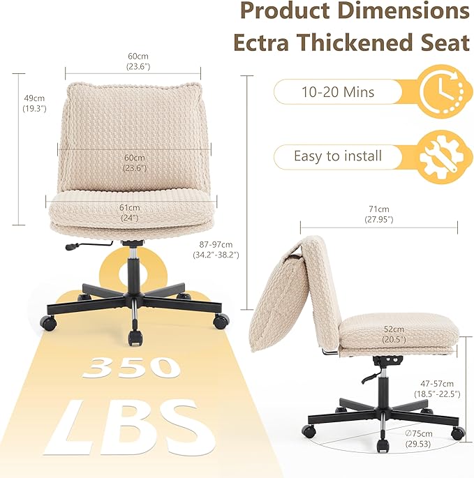 Fizzin Criss Cross Chair,Armless Cross Legged Chair with Wheels,Memory Foam Seat Office Desk Chair with Flipable Back Cushion,Mid Back Swivel Chair for Home Office,Bedroom Vanity (Beige)