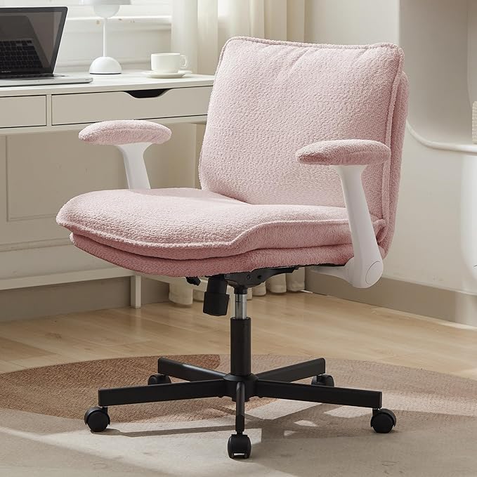 Criss Cross Legged Office Chair with Wheels and Flip-Up Arms, Upholstered Criss Cross Desk Chair, Wide Seat Chairs for Home Office, Vanity, Apartment, Pink