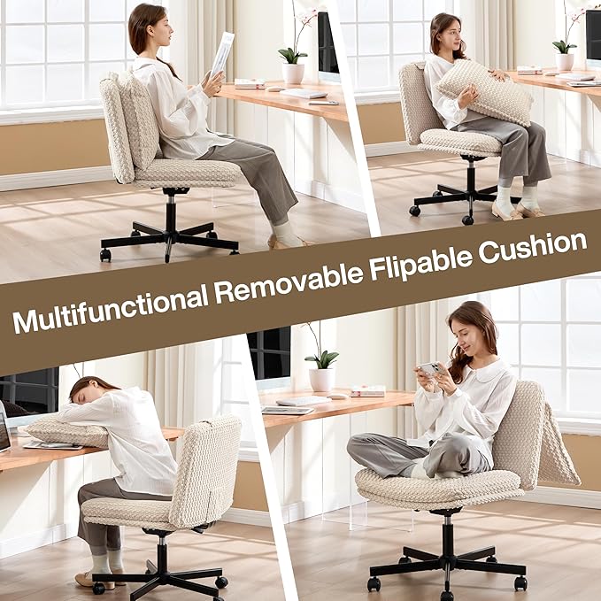 Fizzin Criss Cross Chair,Armless Cross Legged Chair with Wheels,Memory Foam Seat Office Desk Chair with Flipable Back Cushion,Mid Back Swivel Chair for Home Office,Bedroom Vanity (Beige)