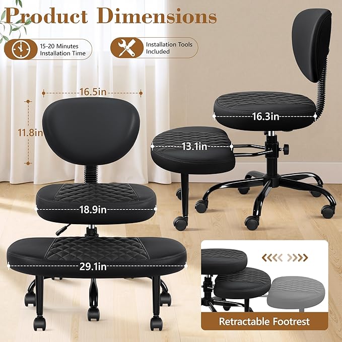 Ergonomic Cross Legged Office Chair with Wheels - Adjustable Height for Meditation, ADHD Desk & Yoga - Wide Criss Cross Design with Lumbar Support, Kneeling Chair - Upgraded Black