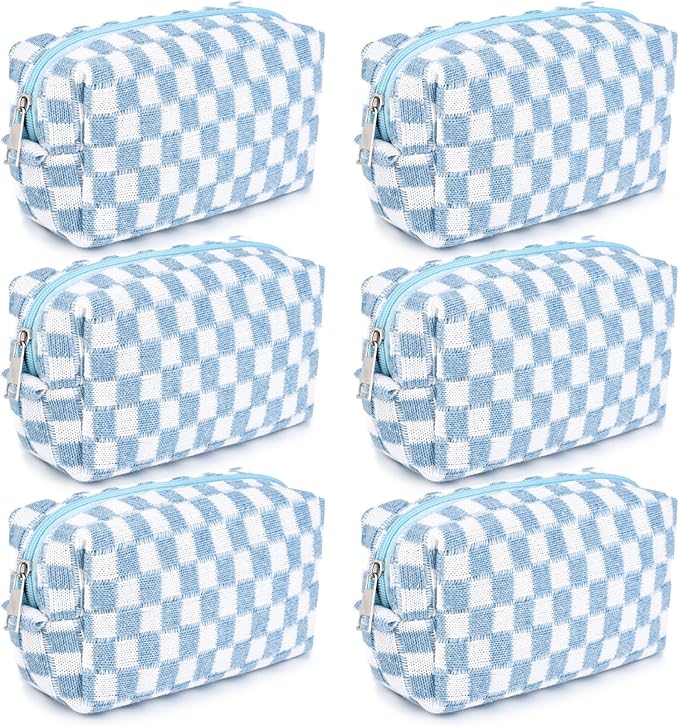 SOIDRAM Checkered Makeup Bag Preppy Cosmetic Bag Bulk Blue Makeup Pouch Personalize Travel Toiletry Bag Organizer Cute DIY Makeup Brushes Storage Bag for Women