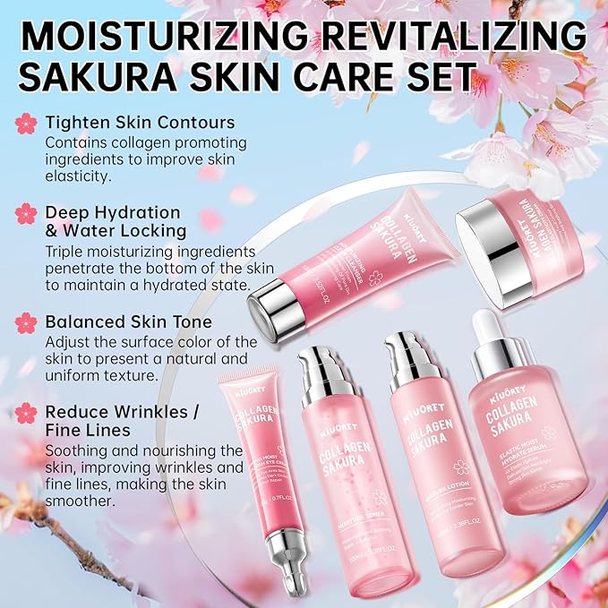 Sakura Skin Care Set - 6 PCS Cherry Blossom Skin Care Kit with Cleanser, Toner, Serum, Lotion, Eye Cream & Face Cream - Moisturizes Skin & Boosts Collagen - Korean Skin Care Set for Teen Girls & Women