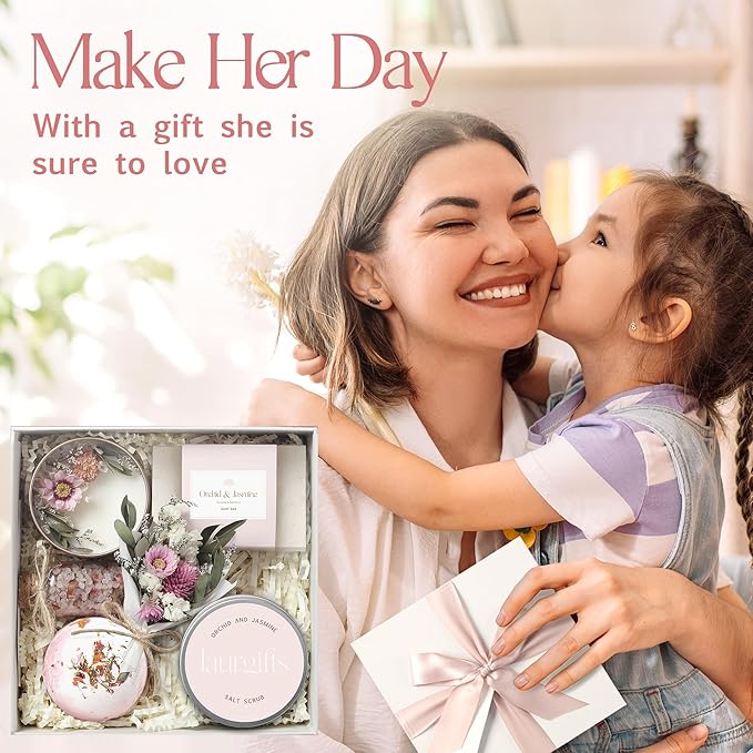 Birthday Gifts for Women – Luxury Candle Set & Bath Sets Spa Basket, Small Orchid & Jasmine Self Care Box, Gift Basket for Mom, Wife or Friend