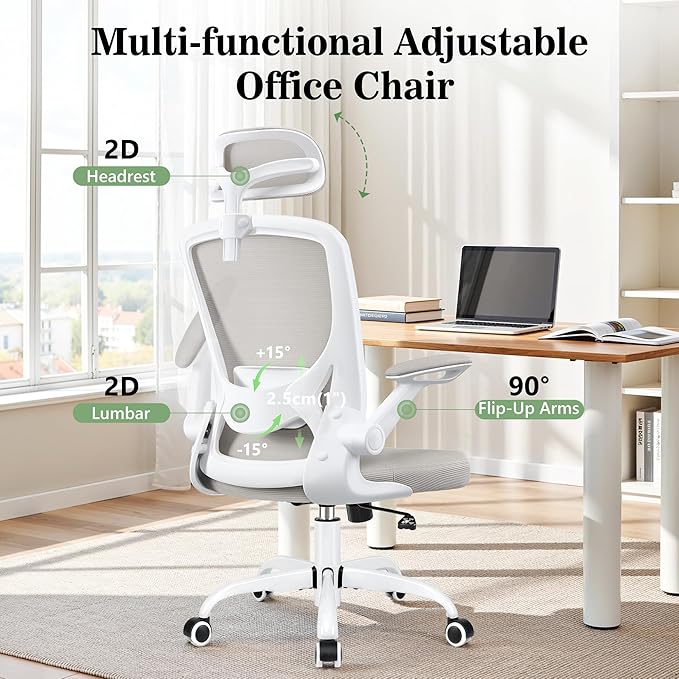 Office Desk Chair, Ergonomic Mesh Office Chair with Adjustable Lumbar Support, Headrest, Flip-up Armrests, Comfortable Computer Chairs for Home, Work, Gaming, (Light Gray, 6 Pack)