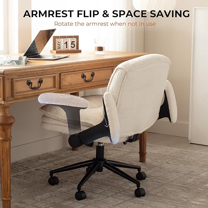 Dowinx Criss Cross Chair with Adjustable Flip-up Arms and Wheels, Comfort Ergonomic Office Desk Armchair with 3 Layer Cushions, Wide Seat Vanity Chair for Home Office, Living Room, Bedroom, Beige