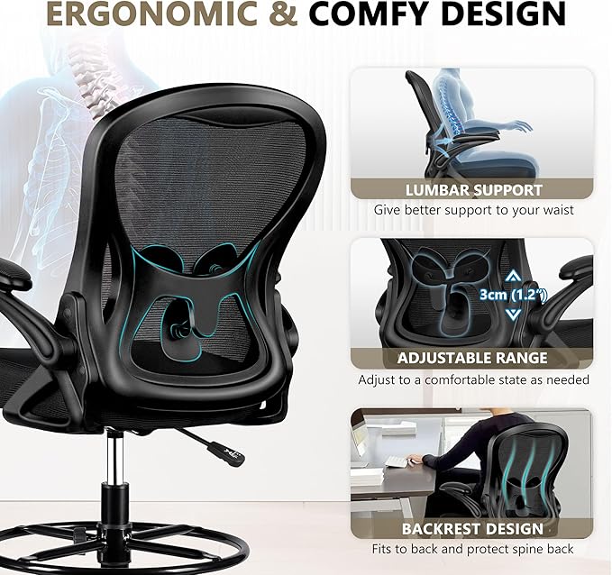 Winrise Drafting Chair, Tall Office Chair Ergonomic Standing Desk Chair, Lumbar Support Computer Chair Swivel Task Rolling Chair with Adjustable Flip-up Armrests Black Pack of 10