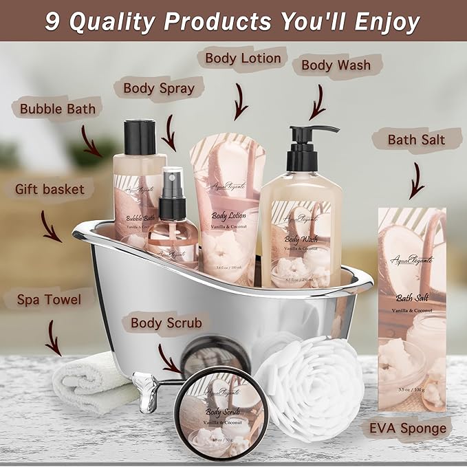 Spa Gift Baskets For Women - Luxury Bath Set With Coconut & Vanilla - Spa Kit Includes Body Wash, Bubble Bath, Lotion, Bath Salts, Body Scrub, Body Spray, Shower Puff, and Towel