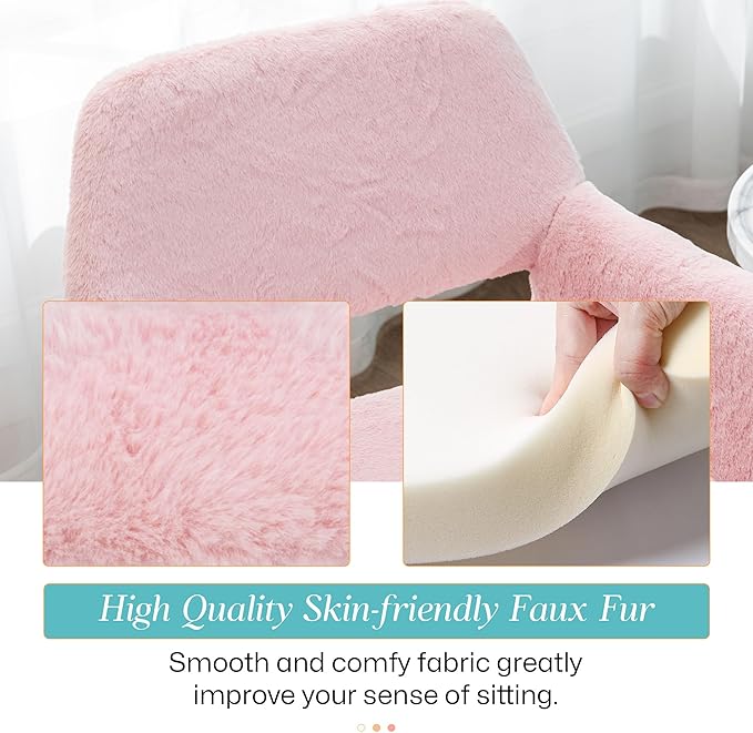 Home Office Faux Fur Desk Chair, Fluffy Makeup Vanity Chair, Comfy Accent Armchair with Wood Grain Metal Legs, Cute Dining with Hollowed Back, Pink