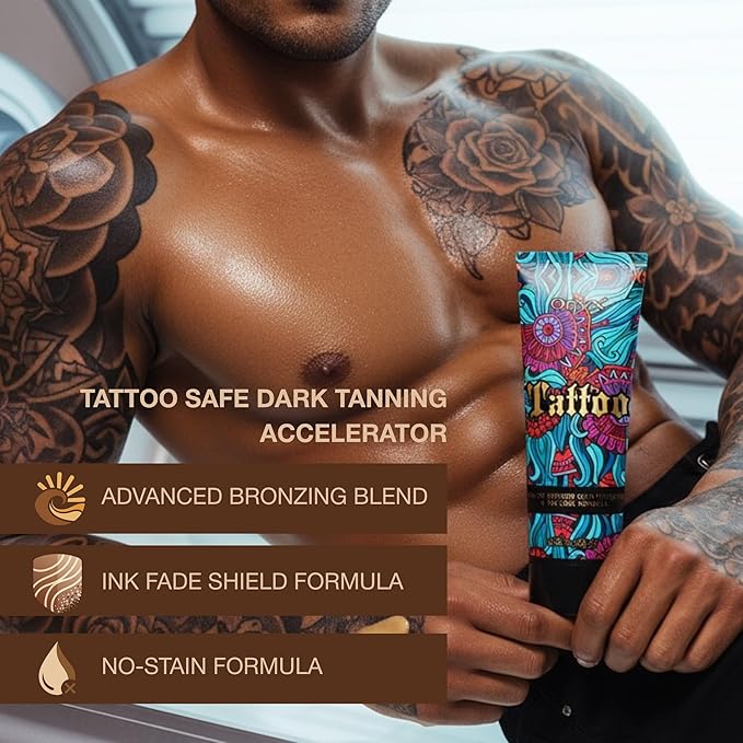 Tattoo Safe Tanning Bed Lotion - Indoor Dark Tanning Accelerator with Fade Protection | Tattoo Color Enhancer & Hydrating Skin Formula (Original 8.5 Fl Oz)