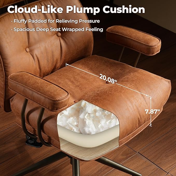 ovios Ergonomic Office Chair, High Back Faux Leather Executive Chairs with Thick Cushion, Comfy Mid-Century Modern Swivel Rolling Computer Armchair (Brown, Suede Leather)