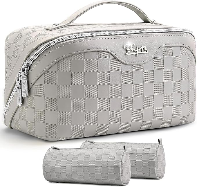BOYATU Travel Makeup Bag Organizer: 3 Pcs Set Large Capacity Cosmetic Bags Holds 10–20 100ml Full-Size Bottles - 180°Open-Flat Make up Case 3-sec touch-up - Toiletry Bag Gift women (03-A-Gray)