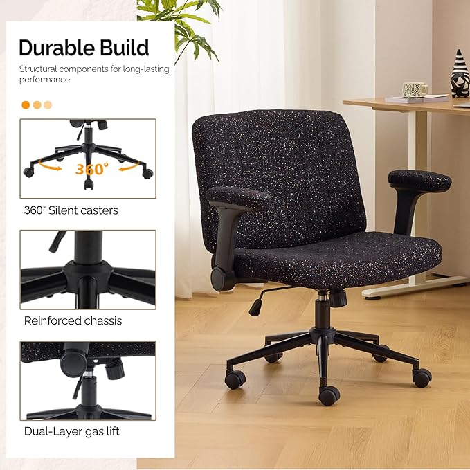 VINGLI Criss Cross Chair with Adjustable Flip-Up Arms,Cross Legged Chair with Wheels,Extra Wide Office Chair,Desk Chair for Home Office,Vanity,Bedroom, Apartment,Starry Chenille,Black