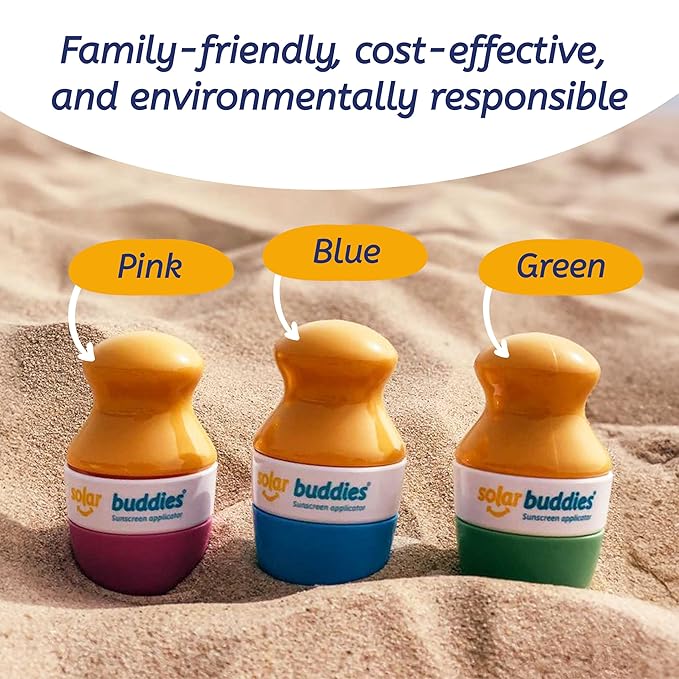 Solar Buddies Sunscreen Applicator - Blue & Pink Duo - BPA-Free Refillable Roll on Sponge Sunscreen, Suncream & Lotion Applicator For Kids, Adults & Families - Holds 3.4fl oz, Perfect Size for Travel