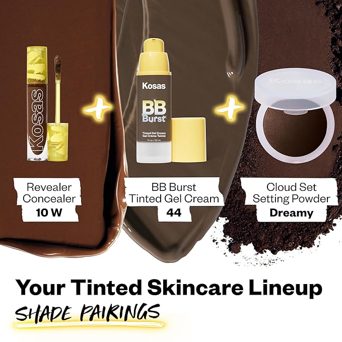 Kosas BB Burst Tinted Face Gel Cream - Supports Healthy Collagen, Smoothes Skin, Hydrates & Moisturizes - Lightweight Buildable Coverage - Rich Deep Neutral Olive 44, (1 Oz/30 ML)
