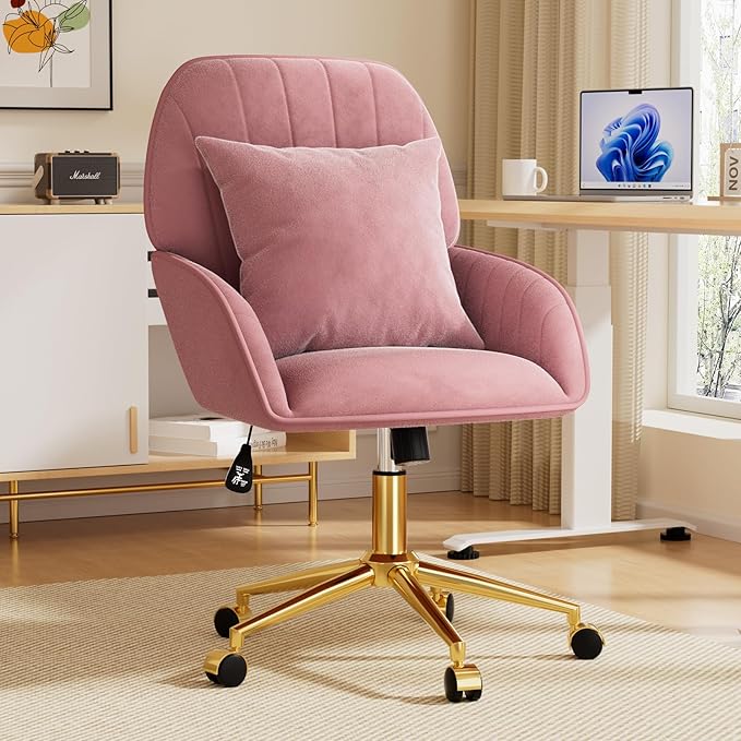 Home Office Desk Chair Comfy with Adjustable Swivel Wheels, Modern Velvet Makeup Vanity Chair with Back & Pillow, Ergonomic Office Chair Computer Task Chair for Living Room, Bedroom, Rose Pink