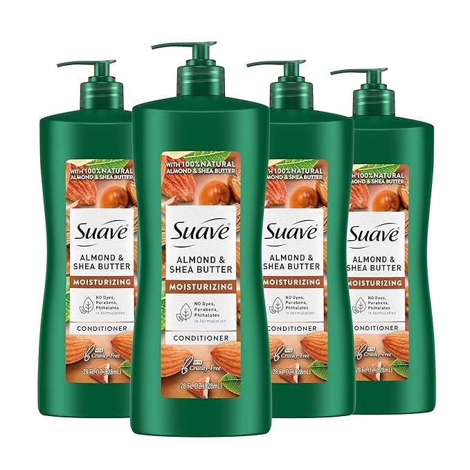 Suave Moisturizing Conditioner with 100% Natural Almond & Shea Butter, Deep Conditioning Care for Dry, Damaged Hair, No Parabens, Phthalates, or Dyes, 4 Pack, 28 FL OZ EA