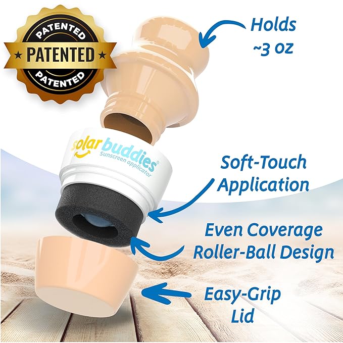 Solar Buddies Grab & Go Travel Bundle, Carabina Clip & Cleaning Brush - Single Full Nude - Refillable Roll on Sponge Sunscreen, Suncream & Lotion Applicator For Kids, Adults & Families - Holds 100ml
