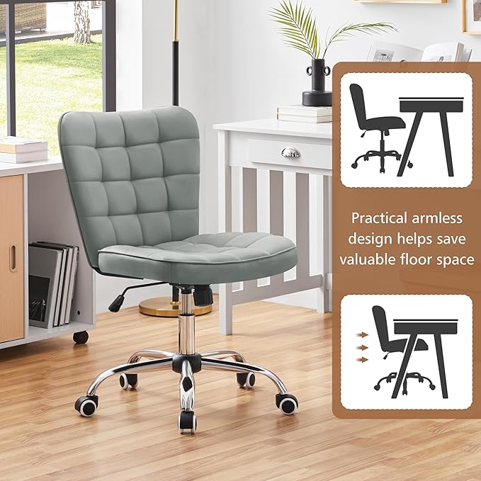 Yaheetech Armless Desk Chair Modern Tufted Office Chair Faux Leather Upholstered Computer Chair with Adjustable Seat Height and Rolling Wheels for Home/Office, Light Gray