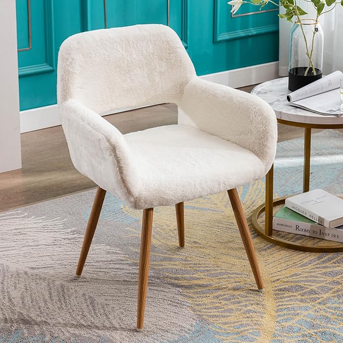 Home Office Faux Fur Desk Chair, Fluffy Makeup Vanity Chair, Comfy Accent Armchair with Wood Grain Metal Legs, Cute Dining Chair with Hollowed Back, White