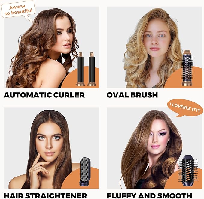 6 in ONE Blow Dryer Brush, Curling Wand Hair Styling Tools Set, Ionic Hot Air Hair Dryer, Massage Oval Hair Dryer, Left&Right Hair Curlers 100-120V