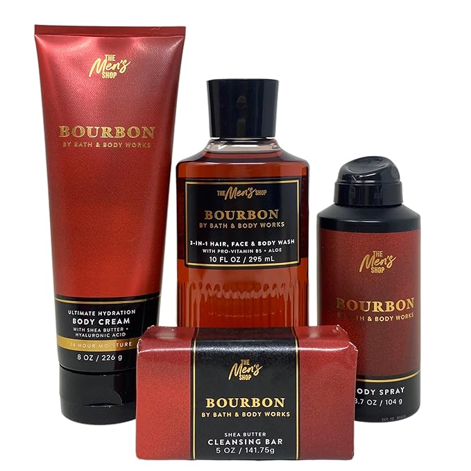 Bath & Body Works Men's Collection Bourbon Gift Set- Ultimate Hydration Body Cream - 3-in-1 Hair, Face & Body Wash - Body Spray and Cleansing Bar - with a Peach Gardenia Sample Soap