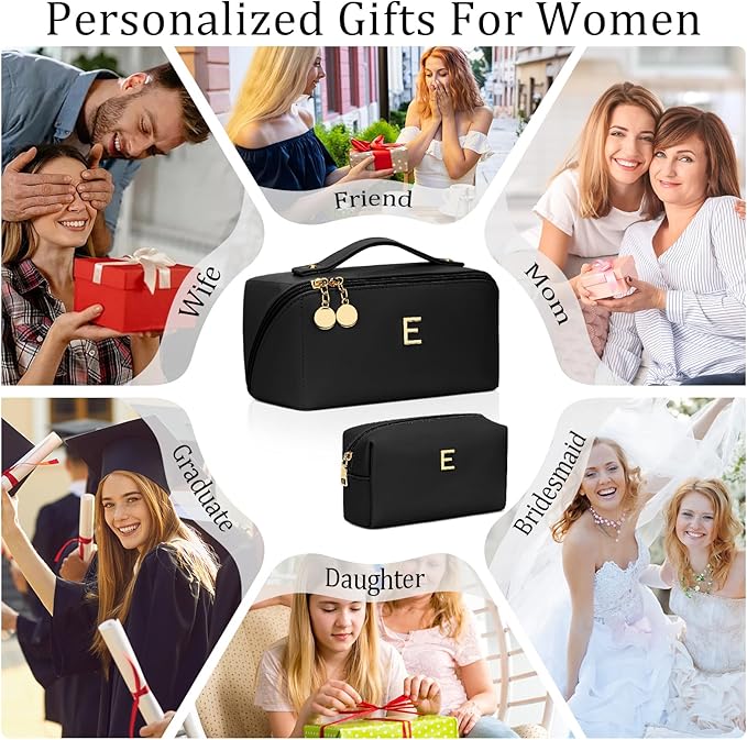 Birthday Gifts for Women Teen Girl, Personalized Initial Makeup Organizer Bag Set, Open Flat Travel Cosmetic Bag With Clear Divider and Handle(Black,E)