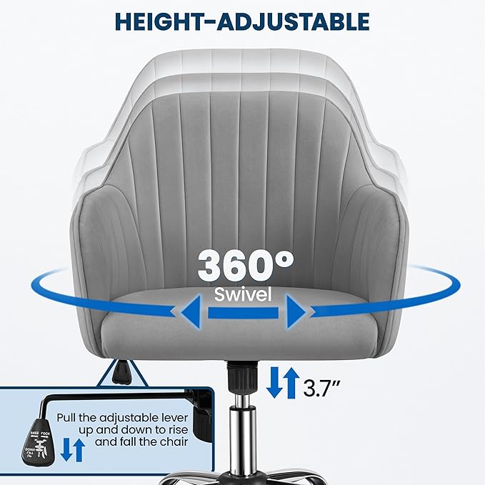 Yaheetech Modern Velvet Vanity Desk Chair Height-Adjustable Swivel Computer Armchair for Makeup Room Living Room Bedroom Light Gray