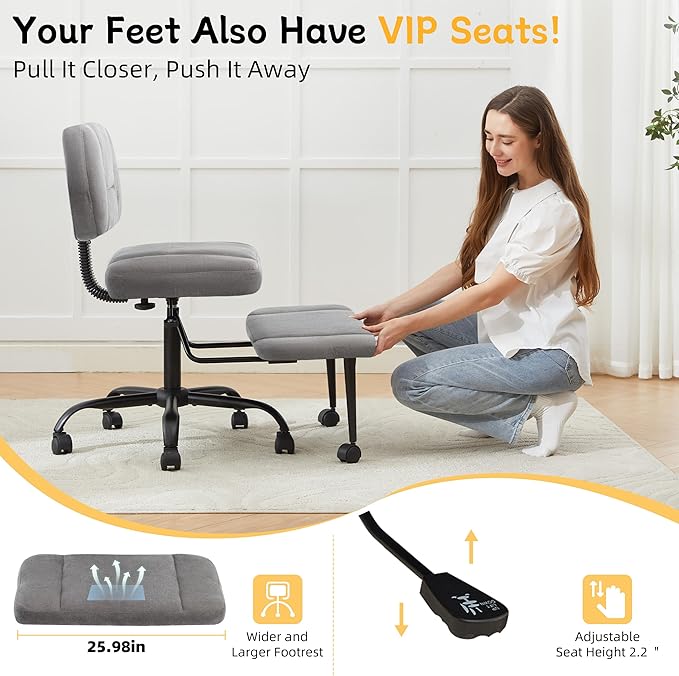 Criss Cross Legged Office Chair with Wheels,Swivel Meditation Chair for ADHD,Ergonomic Desk Chair with Thicken Adjustable Footstool,Fabric Sitting Fidgeting Kneeling Chair for Home Yoga Grey