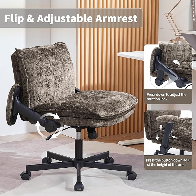 Cross Legged Office Chair, Height Adjustable Swivel Desk Chair with Flip-Up Arms, Padded Criss Cross Chair for Home Office & Bedroom