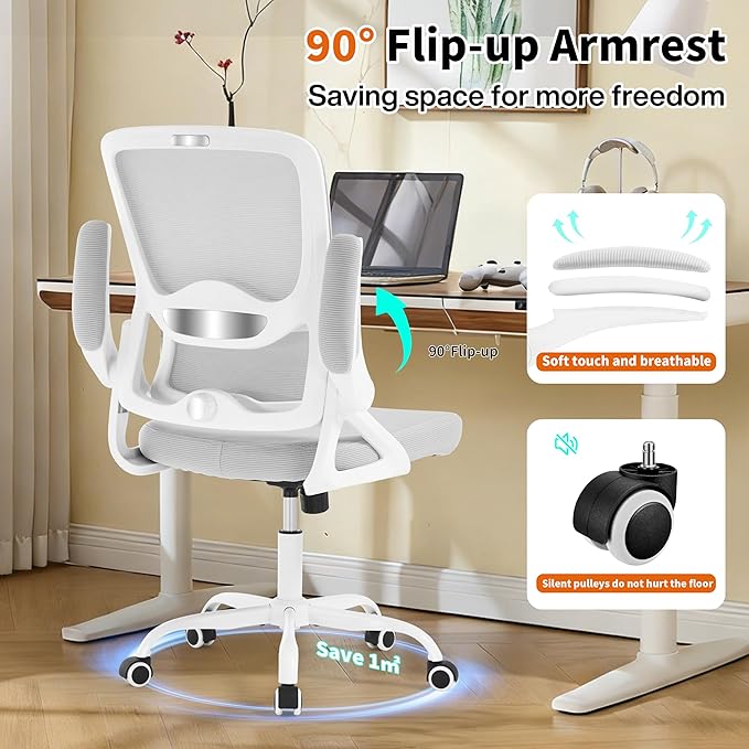 Ergonomic Office Chair,Mesh Office Chair with Lumbar Support,Mid Back Desk Chair with Flip-up Arms,400 lbs Comfy Computer Chair for Home Office (Light Grey)