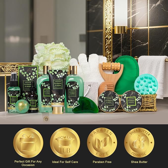 19-Piece Mothers Day Gifts Basket for Women, Premium Eucalyptus Amber Bath Gift Set for Men- Spa Kit, Face Skin Care Kit, Birthday, Valentines, Fathers Day, Christmas, Perfect for Holidays Self Care
