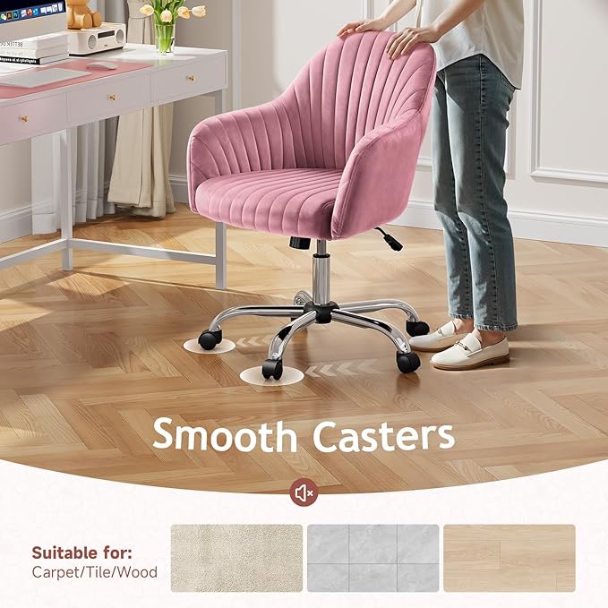 Warmiehomy Velvet Desk Chair for Home Office, Modern Adjustable Swivel Task Chair, Women Vanity Chairs with Arm Rest for Bedroom Dressing Room, Rose Pink