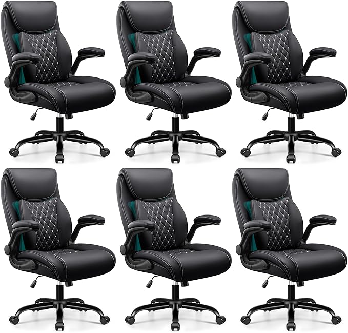 Office Chair,Ergonomic Office Chair with Lumbar Support for Lower Back Pain Relief, Executive Leather Chair with Padded Flip-up Arms, Wheels and Adjustable Armrests, Black Pack of 6