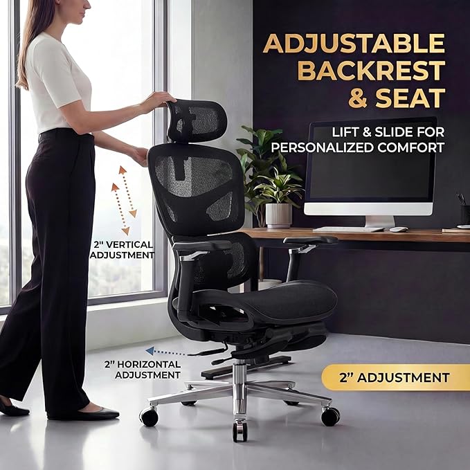 Ergonomic Office Chair with Footrest & Massage Lumbar Support – Adjustable Seat Depth & Back Height Reclining Big and Tall 400LBS Mesh Chair, 4D Headrest & 6D Armrests, for Home Office/Gaming (Black)