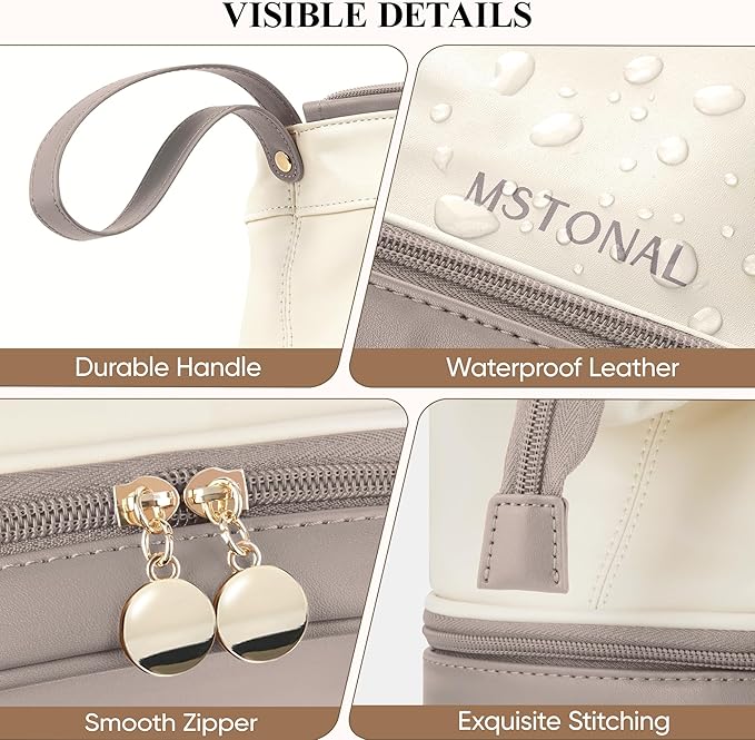 Travel Makeup Bag, Large Capacity Double Layer Cosmetic Bags for Women, Waterproof Portable Make Up Skincare Pouch with Makeup Brush Organizer, Toiletry Bag for Essentials, Beige & Sand
