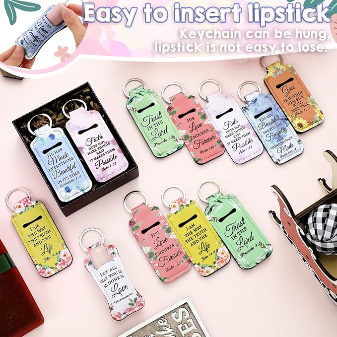 72 Pcs Christian Bible Lipstick Holder Key Chain Lip Balm Holder Gift Bulk with Metal Ring Lipstick Lip Gloss Pouch Religious Party Bible Inspiration Gift for Women Man Church(Blooming)