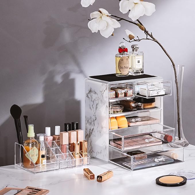 Sorbus Acrylic Makeup Organizer Set, 6-Drawer Vanity & Countertop Cosmetic Storage with Small & Wide Compartments, Marble Print Makeup Storage for Brushes, Jewelry – Holiday Gift for Women & Teens